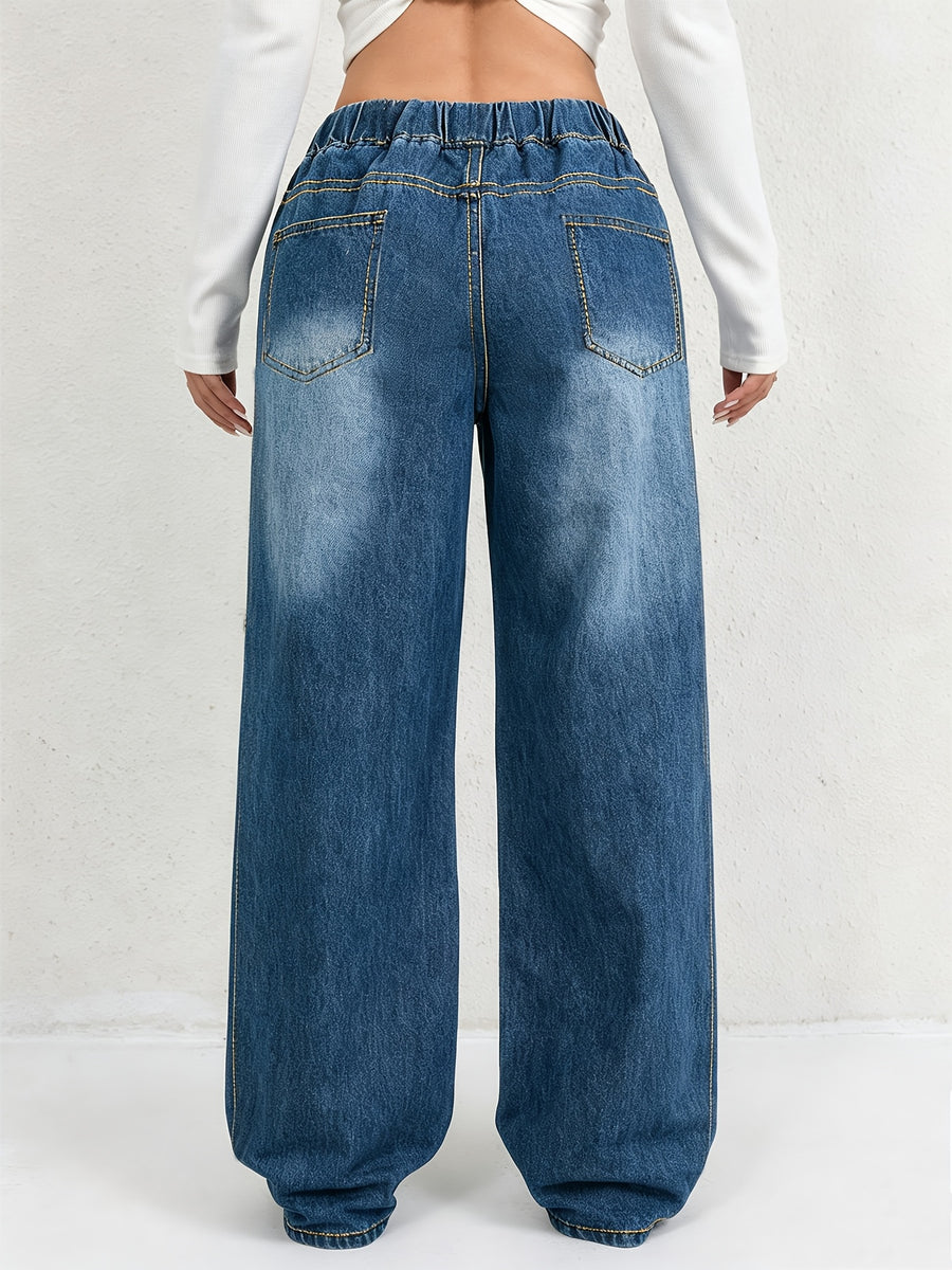 1pc Women's Casual Versatile Loose-Fit Comfortable Jeans, Suitable for All Seasons/Daily Commuting. Features an Elastic Waistband with Drawstring, Non-Stretch Wide-Leg Straight-Leg Denim Pants - Medium Blue
