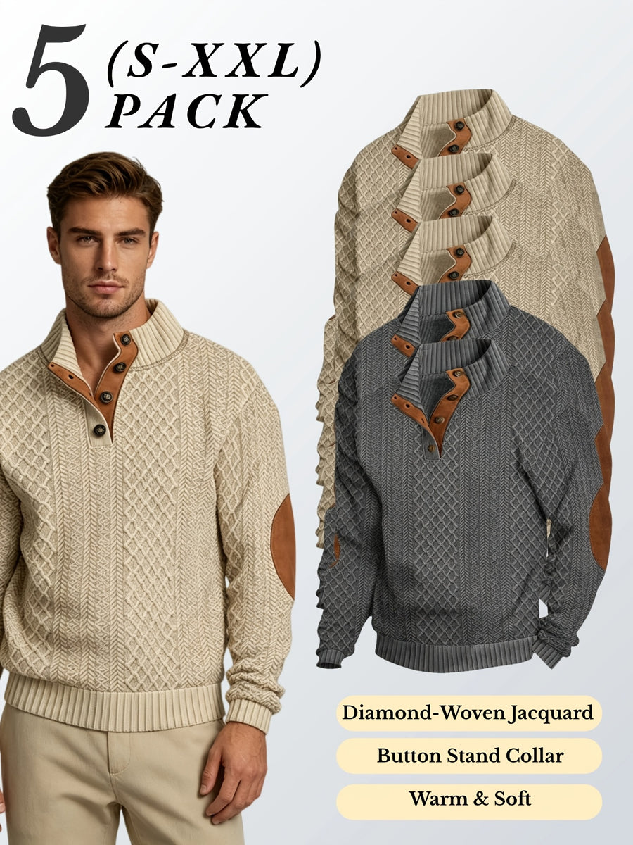 5pcs Set Men's Textured Jacquard Knit Vintage Casual Button-Up Stand Collar Long Sleeve Top, Versatile Basic Solid Color for Autumn/Winter Outings and Home Wear - Khaki 3+Dark Gray 2