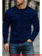 Men's Dark Blue Long-Sleeve Crewneck Apparel with Digital Abstract Line Pattern, Daily Wear Style [Printed Design - Not Textured] - Mixed colors