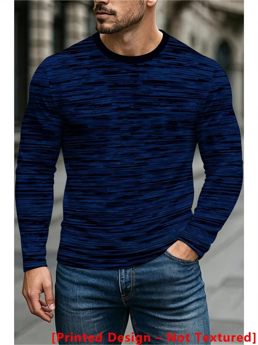 Men's Dark Blue Long-Sleeve Crewneck Apparel with Digital Abstract Line Pattern, Daily Wear Style [Printed Design - Not Textured] - Mixed colors