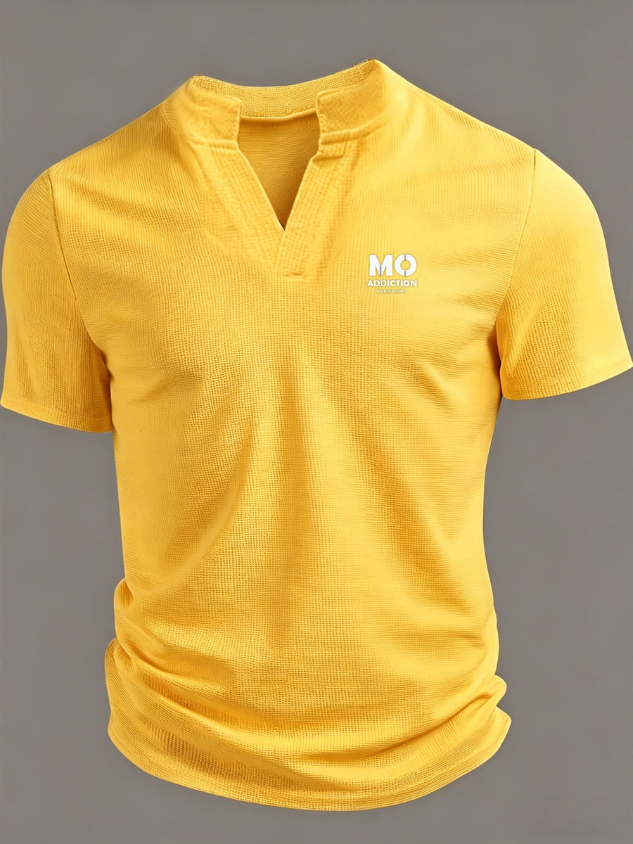 Summer Waffle-Weave Men'S Short Sleeve T-Shirt, Small Stand Collar V-Neck Print Trendy Men'S Versatile Short Sleeve - Yellow 2