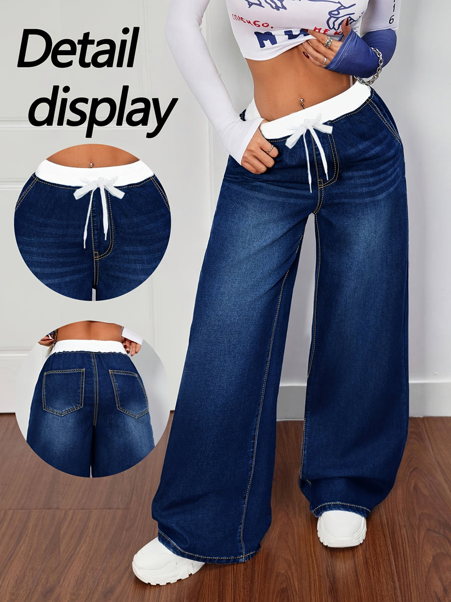 Plus Size Wide-Leg High-Waisted Solid Blue Denim Pants - Elastic Stretch Academy Style with Drawstring Waist, Loose-Fit for all-Season Casual Wear, Jeans/Uniform Trousers (Machine Washable) - Medium Blue