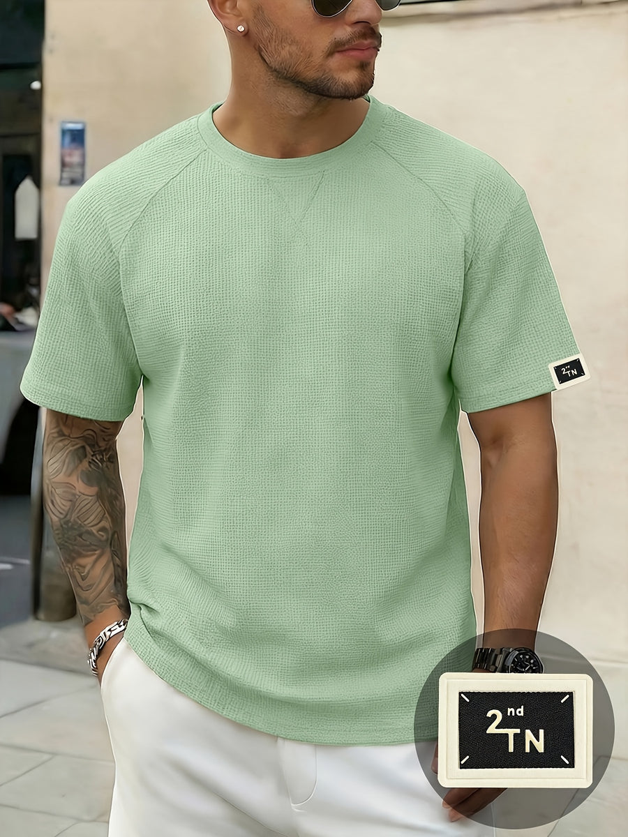 Men'S Waffle Knit Crew Neck T-Shirt, Lightweight And Breathable Short Sleeve Casual Tee with Premium Fashion Handcrafted Labeling. Comfortable Loose-Fit Summer Top Perfect for Daily Wear, Street Style, Vacations, Travel, Outdoor Activities - Light Green