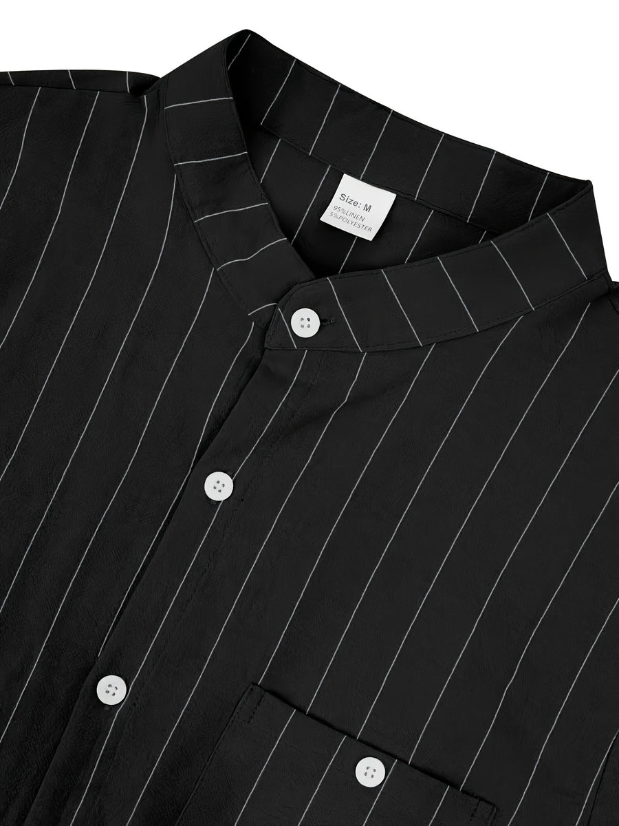 2pcs Set Stand Collar Striped Shirt; Spring/Autumn Loose Fit Casual Business Simple Versatile Top; Daily Commute Breathable 2pcs Men's Outfit - Light White+Black Color