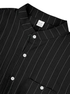 2pcs Set Stand Collar Striped Shirt; Spring/Autumn Loose Fit Casual Business Simple Versatile Top; Daily Commute Breathable 2pcs Men's Outfit - Light White+Black Color