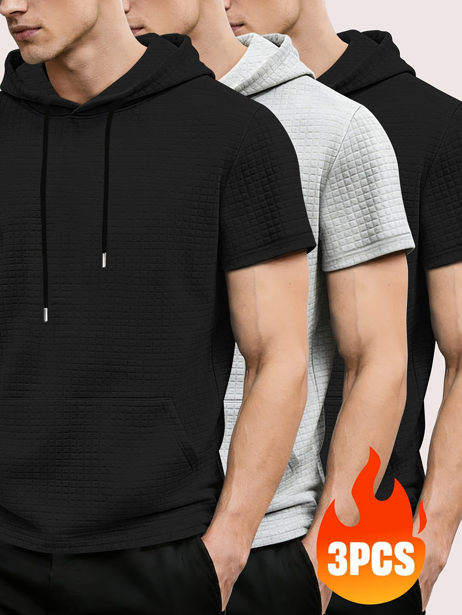 3pcs Men's Waffle Knit Short Sleeve Hoodie with Kangaroo Pocket, Soft and Breathable Fabric, Multiple Color Options, Versatile for Daily Wear, Simple and Stylish Casual Sportswear, Suitable as Matching Family Outfits, Great Choice for Gifts - Black+gray+black