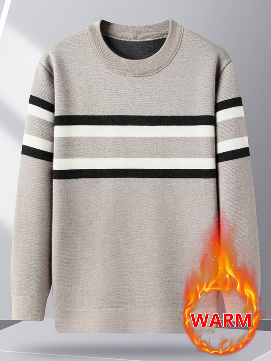 Minimalist Urban -Lined Crewneck Knit Sweater for Warm Daily Commuting - Camel