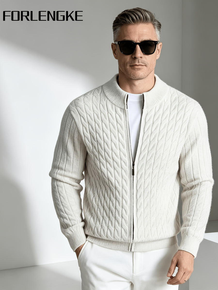FORLENGKE Men'S Business Casual Stand Collar Cable Knit Cardigan, Soft Warm Textured Long Sleeve Sweater Jacket for Fall Winter Office Daily Wear - White