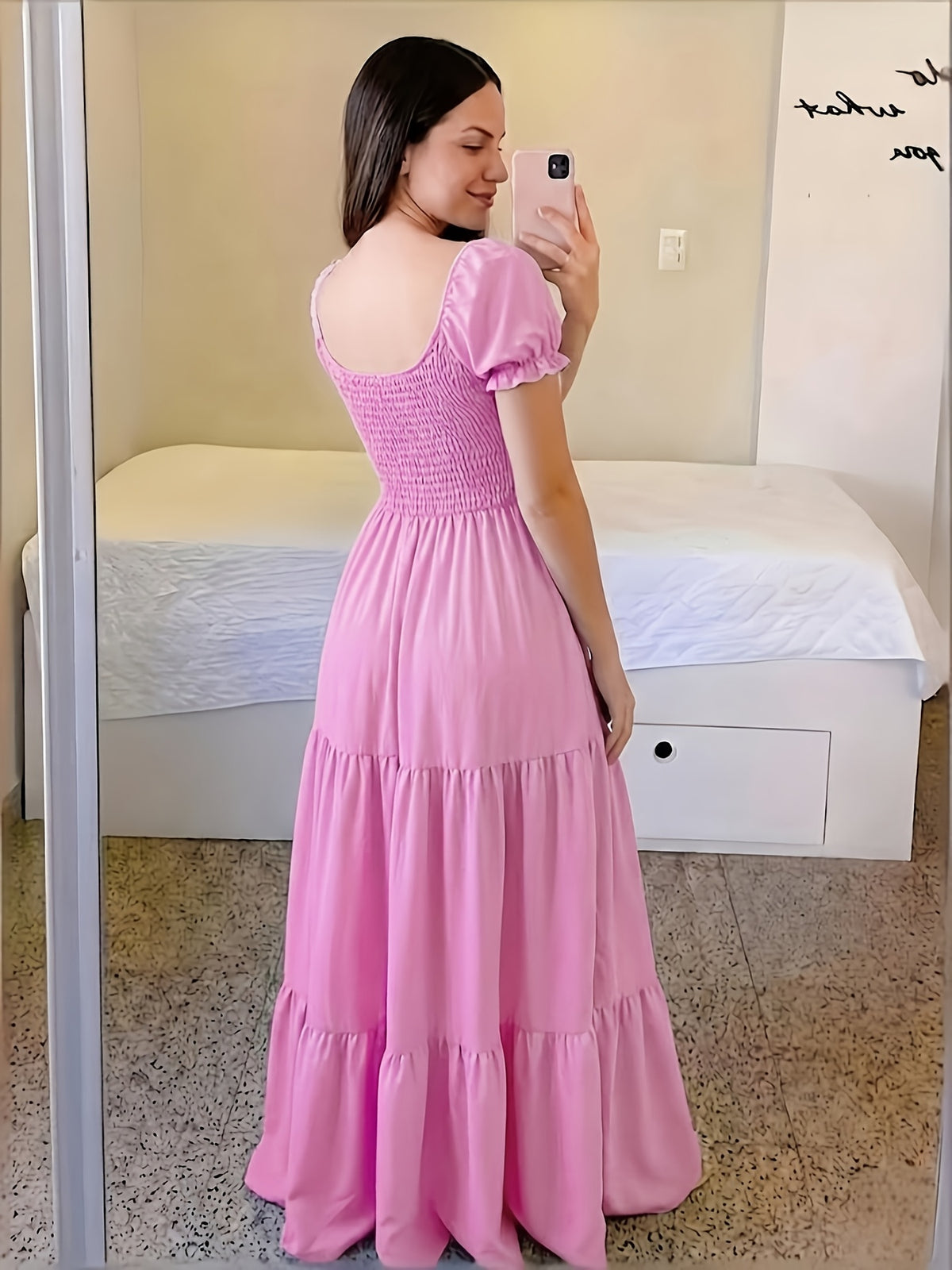 Four-Season Suitable Dress, Y2K Women's New Solid Color Square Neck Tie-Back Long Dress, Suitable for Streetwear, Commuting, Parties, Social Events, Vacations, Christmas, New Year, Valentine's Day, Women's New Clothing M186 - Pink