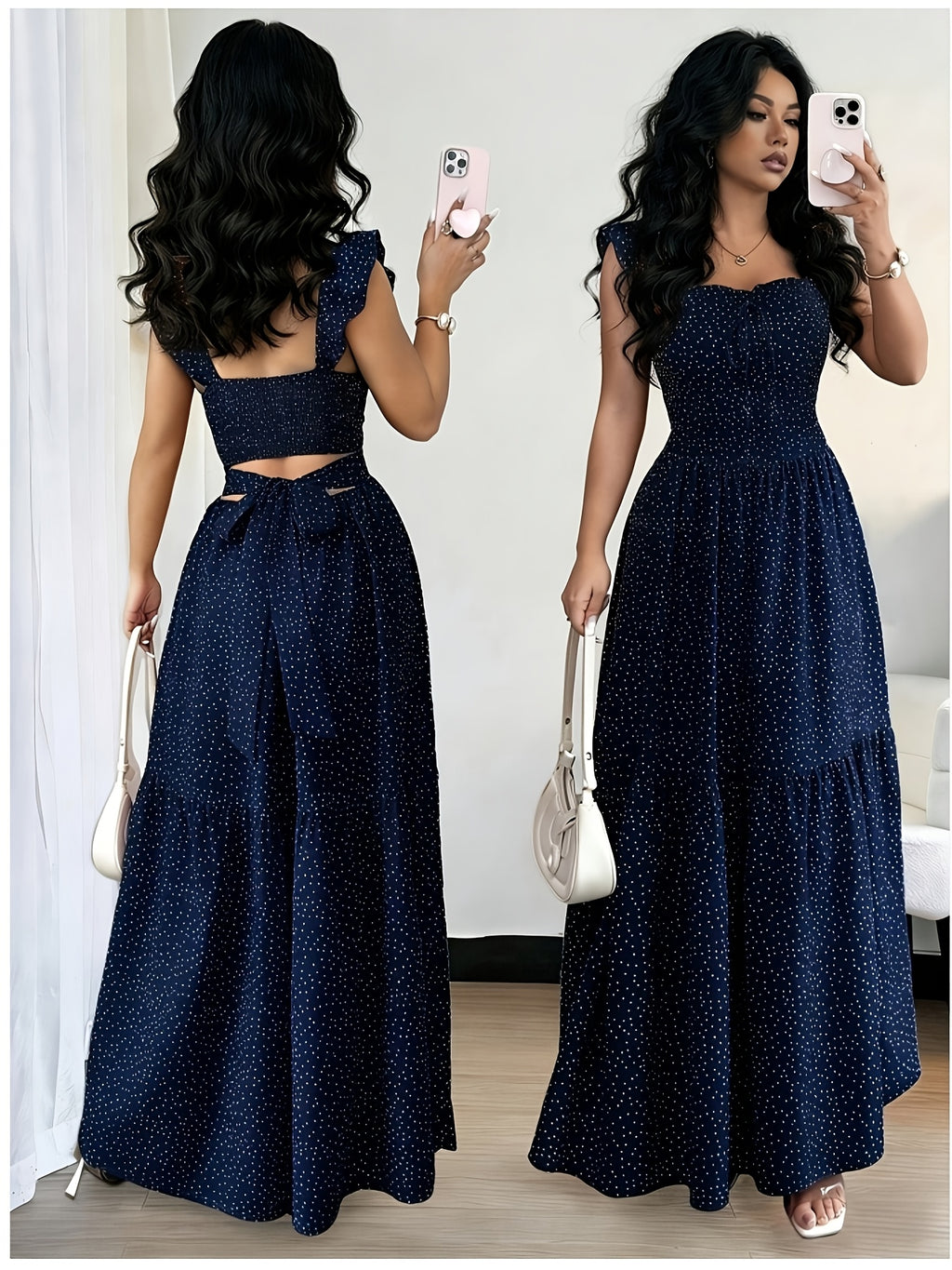 Women's Elegant Polka Dot Backless Bridesmaid Dress - Sleeveless Square Neckline A-Line Wedding Guest Dress with Tie-Strapped Fitted Waist, Suitable for Parties, Vacations, Bridesmaids Attire - Blue