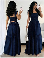 Women's Elegant Polka Dot Backless Bridesmaid Dress - Sleeveless Square Neckline A-Line Wedding Guest Dress with Tie-Strapped Fitted Waist, Suitable for Parties, Vacations, Bridesmaids Attire - Blue