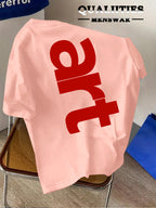 Men'S Fashion Short Sleeve T-Shirt, Minimalist Red Letter Pattern Print, Casual Regular Knit Tee, Suitable for Daily Wear, Couple Style, Unisex, Summer New Arrival, Versatile Style - Pink Color