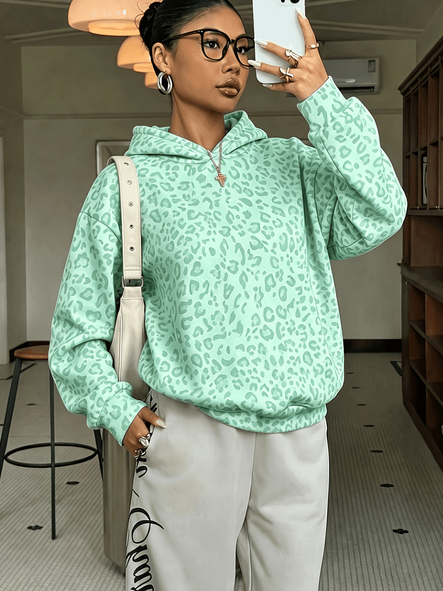 Women's Sweatshirt, Casual and Simple College-style Retro Leopard Sweatshirt[Printed Design-not Textured] - Light Green