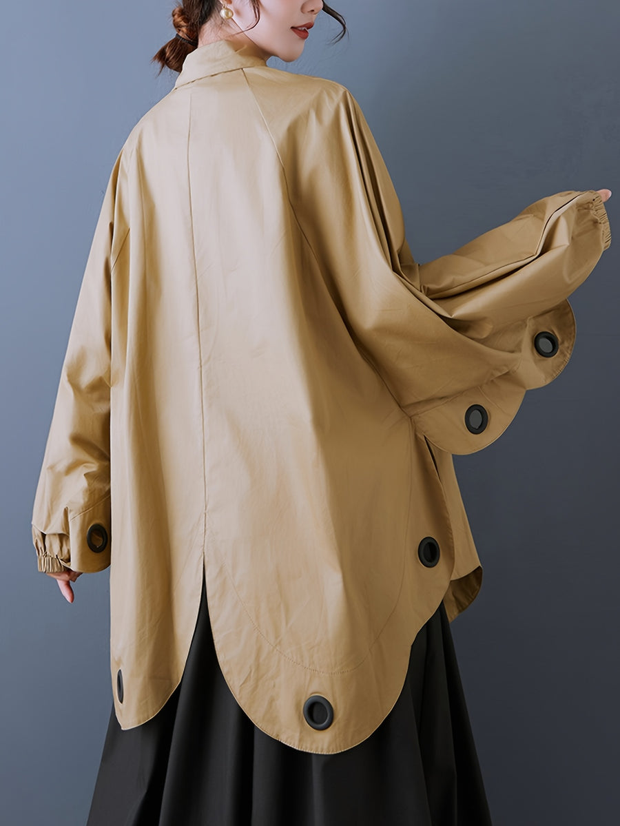 Women's Autumn Loose Fit Irregular Hem Batwing Shirt with Unique Design, Casual and Figure-Flattering Top - Khaki