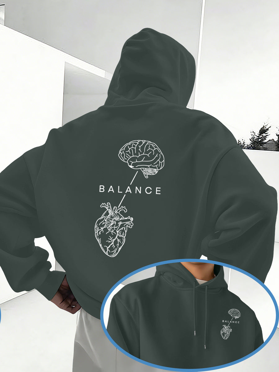 Minimalist Trendy Unisex Hoodie with Brain And Heart Balance Print - Gray Green