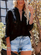 Elegant Women's Blouse, Long-sleeve Jacquard Top, 100% Polyester Solid Color, Button Details, Fabric, Suitable for Spring, Summer, and Autumn - Black