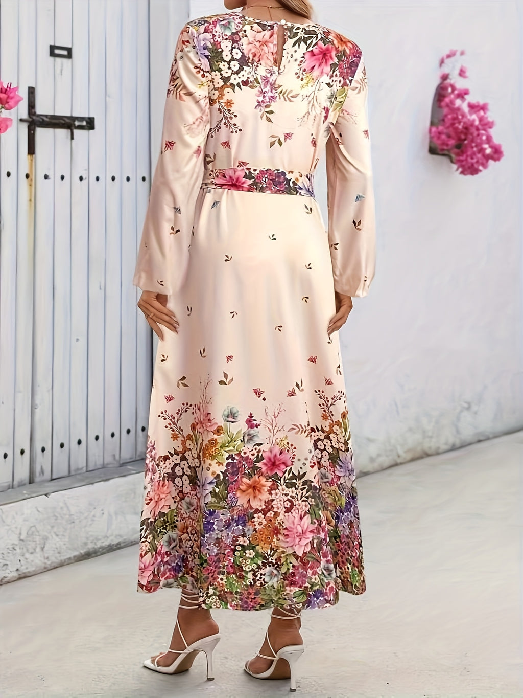 Diamond Rose Long Sleeve Round Neck Dress - Off-white