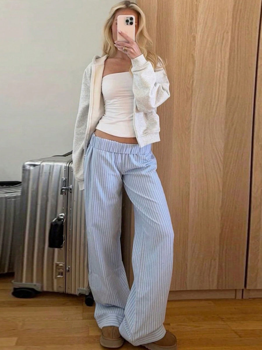 Fashionable Women's Vacation-style Striped Flared-leg Trousers with Elastic High-waist and Rolled-hem Cuffs, Loose-fitting Flared Pants Suitable for Seaside Travel and Daily Casual Wear - Sky Blue