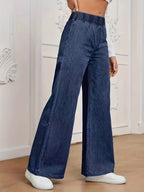 Women's Stretch Elastic Waist Wide Leg Jeans Soft Denim Street Style Casual Loose Pants Classic Blue Effortless Chic - Royal Blue