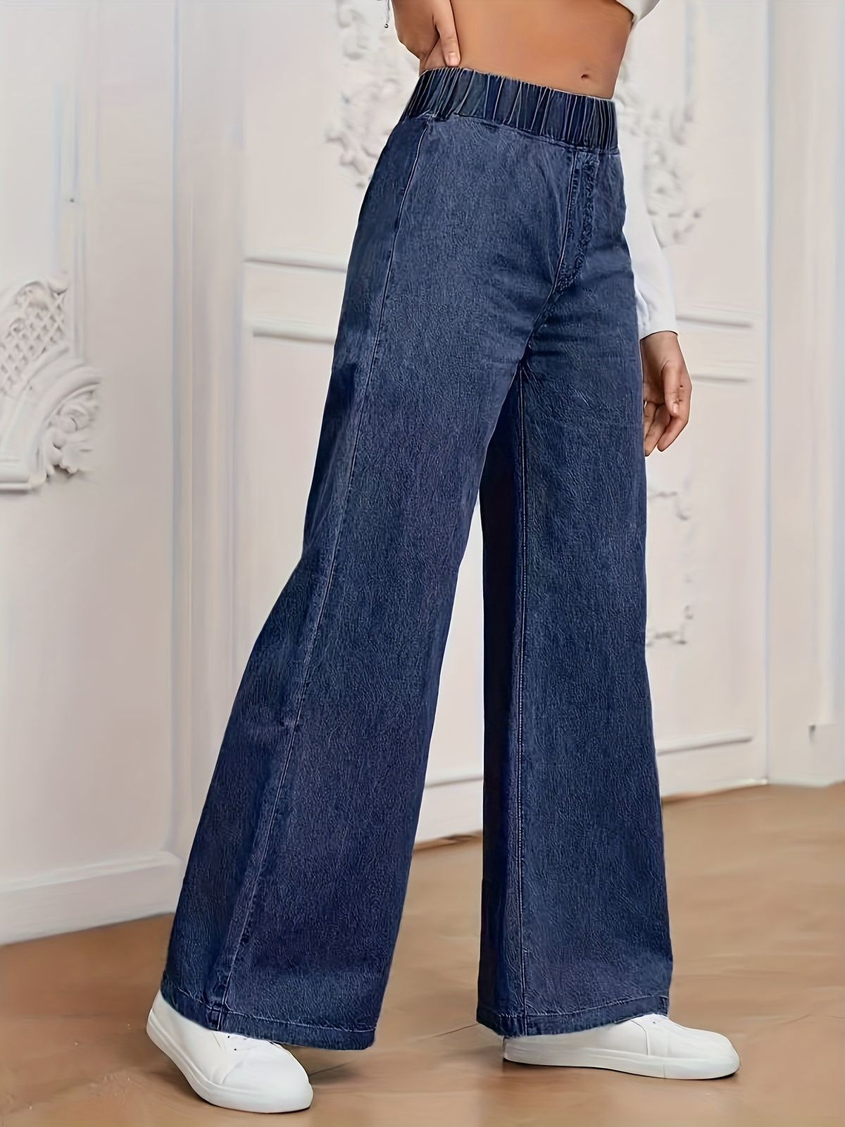 Women's Stretch Elastic Waist Wide Leg Jeans Soft Denim Street Style Casual Loose Pants Classic Blue Effortless Chic - Royal Blue