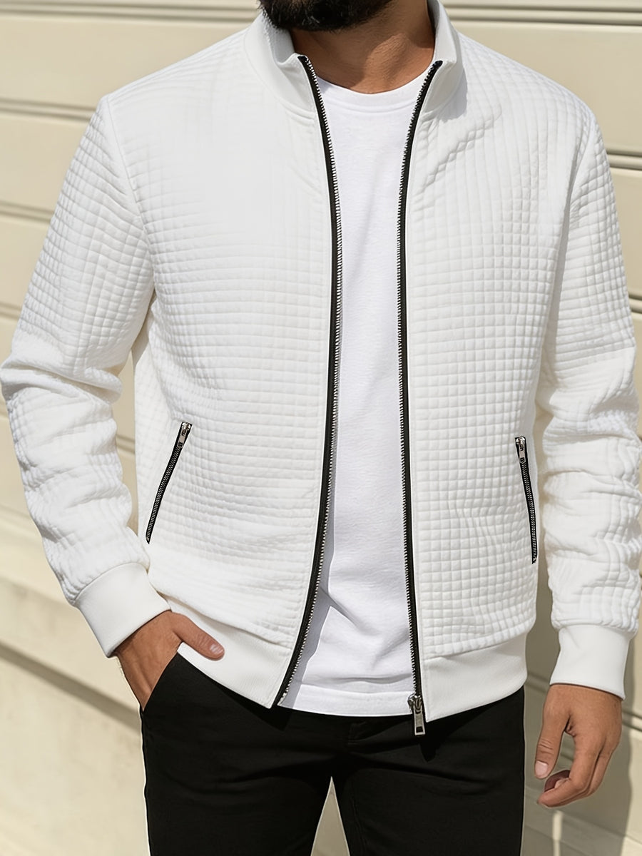 Spring/Autumn New Men's Solid Color Lapel Waffle Knit Long Sleeve Zipper Jacket, Comfortable and Breathable Outdoor Sports Men's Outerwear, Practical Jacket - White