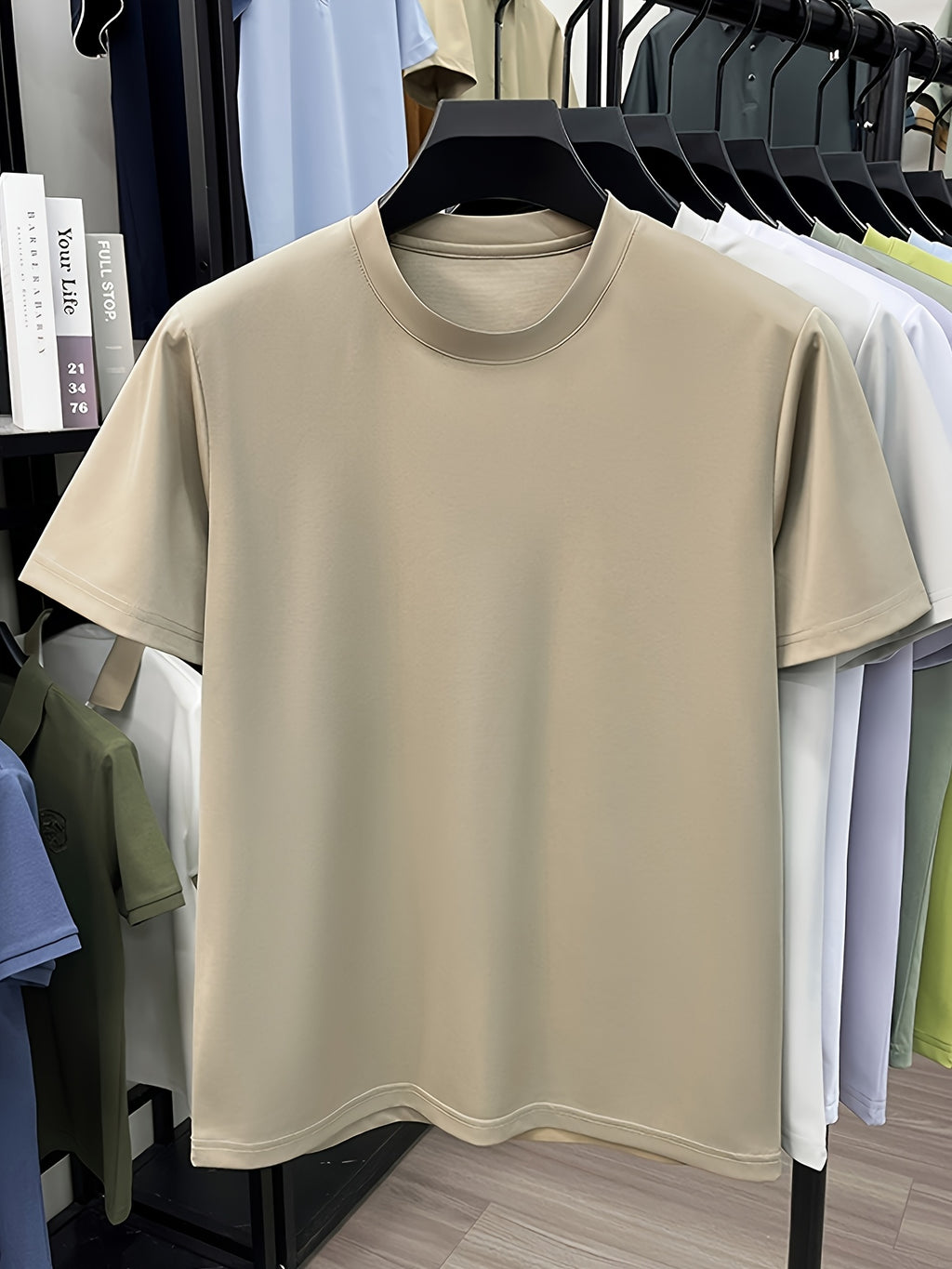 NERPOLO Men's Solid Color Short Sleeve T-Shirt - Round Neck Casual Summer Tee with Suitable for Middle-Aged, Regular Fit Breathable Shirt, Hand Washable Solid Color Round Neck Half-Sleeve Blouse for Casual Attire (No Transparency) - Champagne