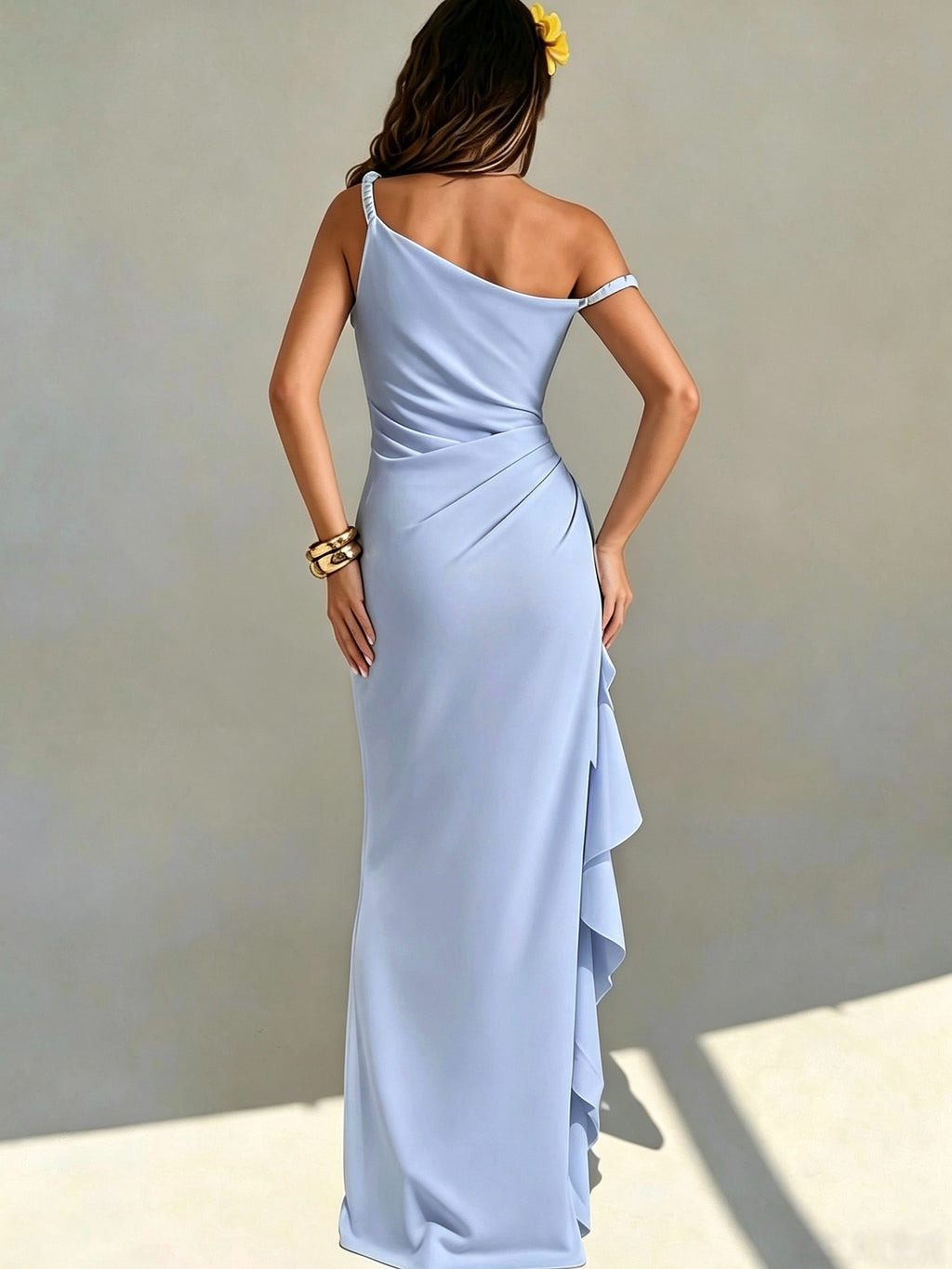 Women's Elegant Off-Shoulder Bridesmaid Dress with Twist Knot Strapless High Slit & Ruffled Wrap - Machine Washable Wedding Party Dress Suitable for Prom, Valentine's Day, Special Occasions, Long Evening Gown - Sky Blue