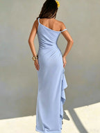 Women's Elegant Off-Shoulder Bridesmaid Dress with Twist Knot Strapless High Slit & Ruffled Wrap - Machine Washable Wedding Party Dress Suitable for Prom, Valentine's Day, Special Occasions, Long Evening Gown - Sky Blue