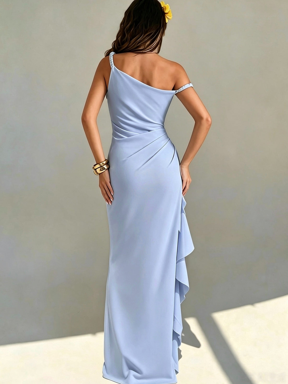 Women's Elegant Off-Shoulder Bridesmaid Dress with Twist Knot Strapless High Slit & Ruffled Wrap - Machine Washable Wedding Party Dress Suitable for Prom, Valentine's Day, Special Occasions, Long Evening Gown - Sky Blue