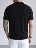 Men's Breathable Knit Short Sleeve Shirt - Vertical Stripe Color Block V-Neck Lapel Collar, Sheer Yet Opaque Mesh Golf & Business Casual Suitable for Golfing, Office, Semi-Formal Wear - Machine Washable Year-Round Versatile Top - Black