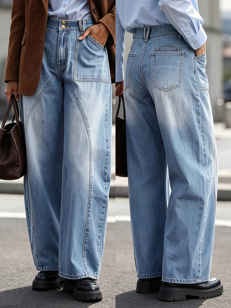 Women's High Waist Curved Seam Barrel Jeans Retro Washed Patch Pocket Wide Leg Denim Pants Casual Daily Outdoor Loose Baggy Workwear Trousers - Blue