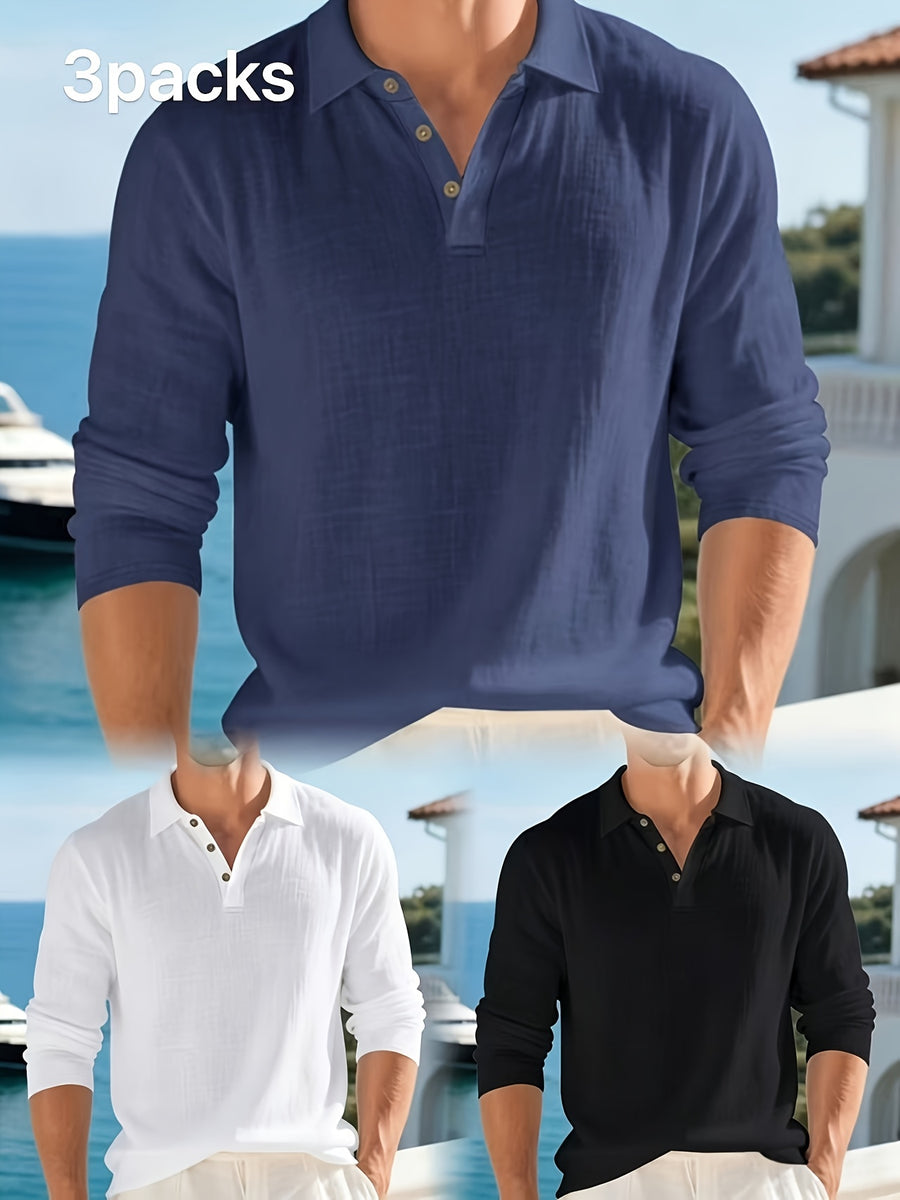Summer Men'S 3pcs Lightweight Breathable Linen Long Sleeve Polo Shirt Solid Color Versatile Henley Button-Up T-Shirt Casual Vacation Commute Top - Blue+white+black
