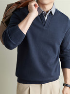 Men'S Thickened Polo Collar Faux Two-Piece Sweater, Autumn Winter Business Commute Sweater, Contrast Shirt Collar Pullover Top - SINBOS, Knit - Ya Shangqing