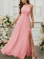 Solid Color Long Dress with Thin Spaghetti Straps, Pleated Detail, and Slit. Suitable for Weddings, Evening Banquets, Balls, Parties, Vacations, and Afternoon Tea Dates - pink color