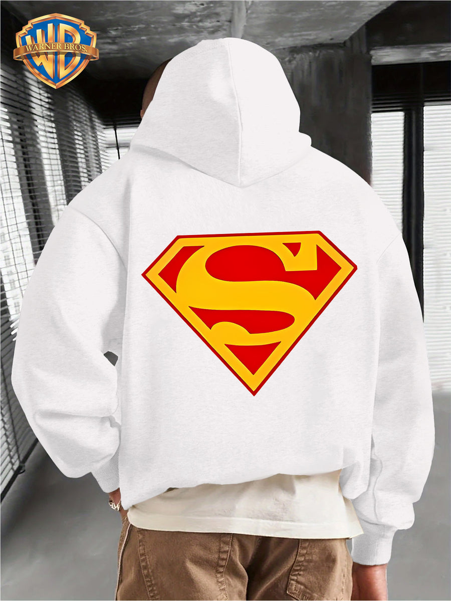 WB Men's Superman 'S' Logo Hooded - Iconic WB Logo & Superman Emblem Print Hoodie, Loose-Fit Casual Pullover with Hood, Fall/Winter Warmth, Machine Washable Suitable for Fall/Winter Warmth, Iconic Superman - White