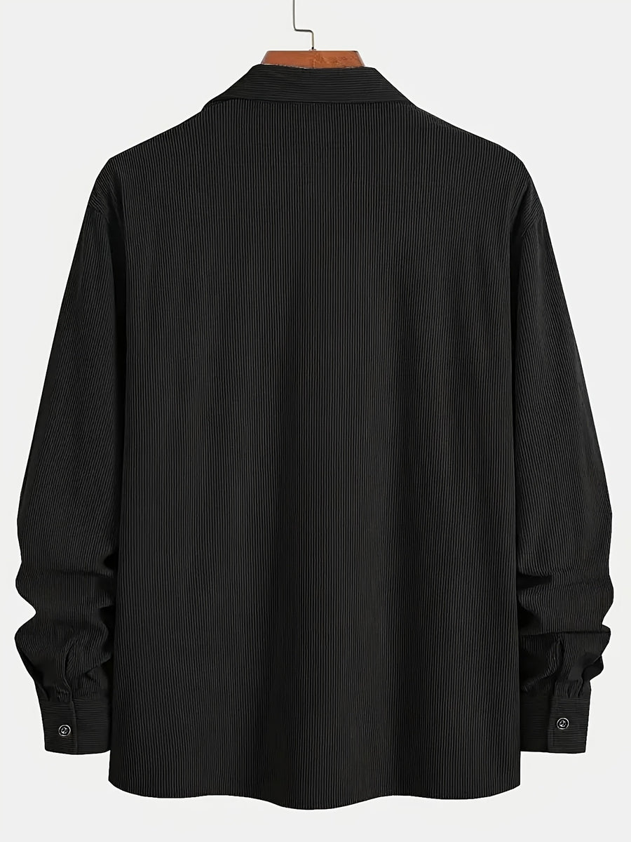 Men's Corduroy Shirt, New Spring/autumn/winter Men's Shirt Jacket, Lapel Collar with Solid Color Snap Button Design, Suitable for Casual Style - Black