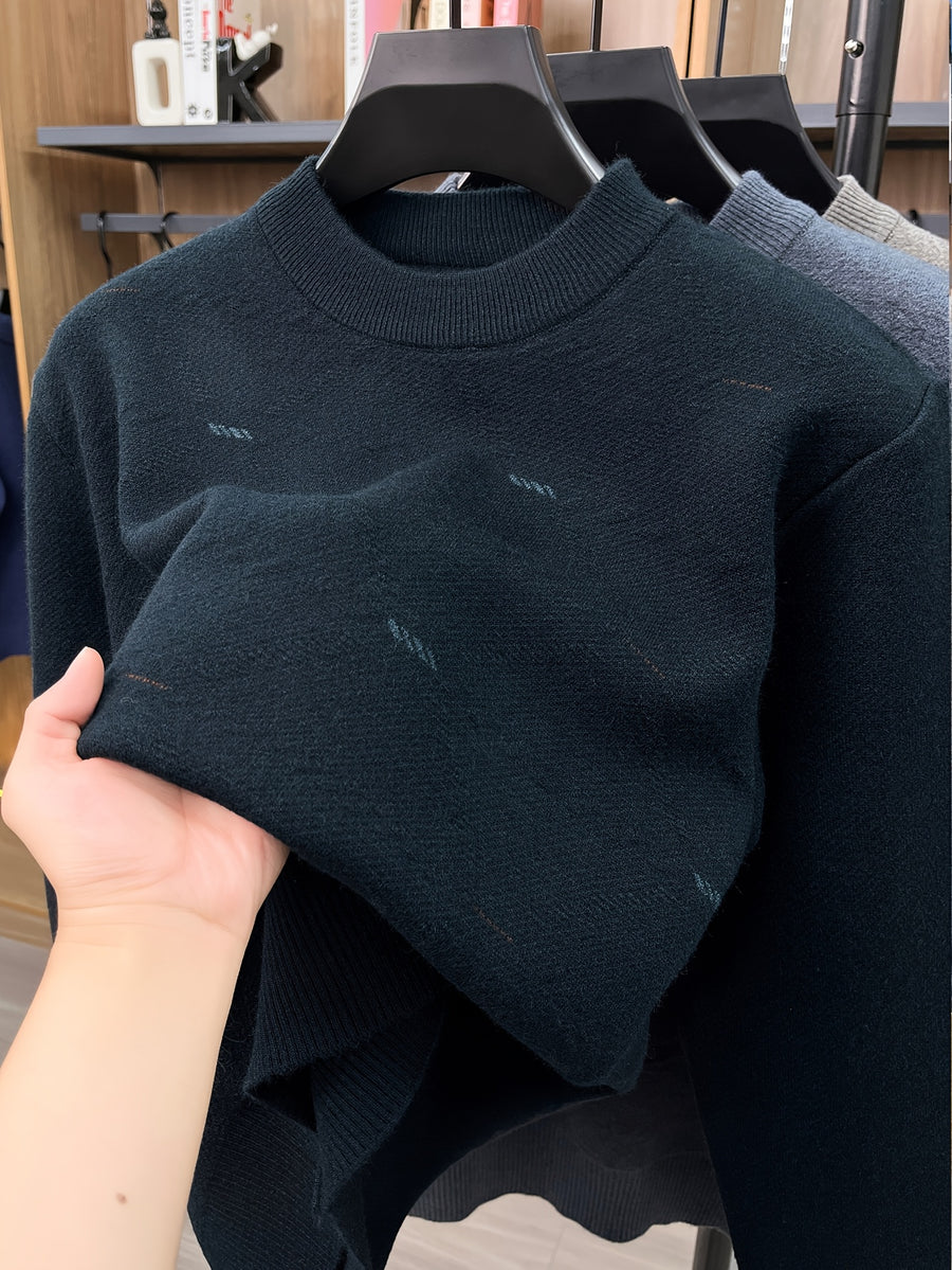 Autumn/Winter Men's Crew Neck Knit Sweater, Simple Subtle Jacquard Pattern, Mid-Life Layering Top - Dark Green