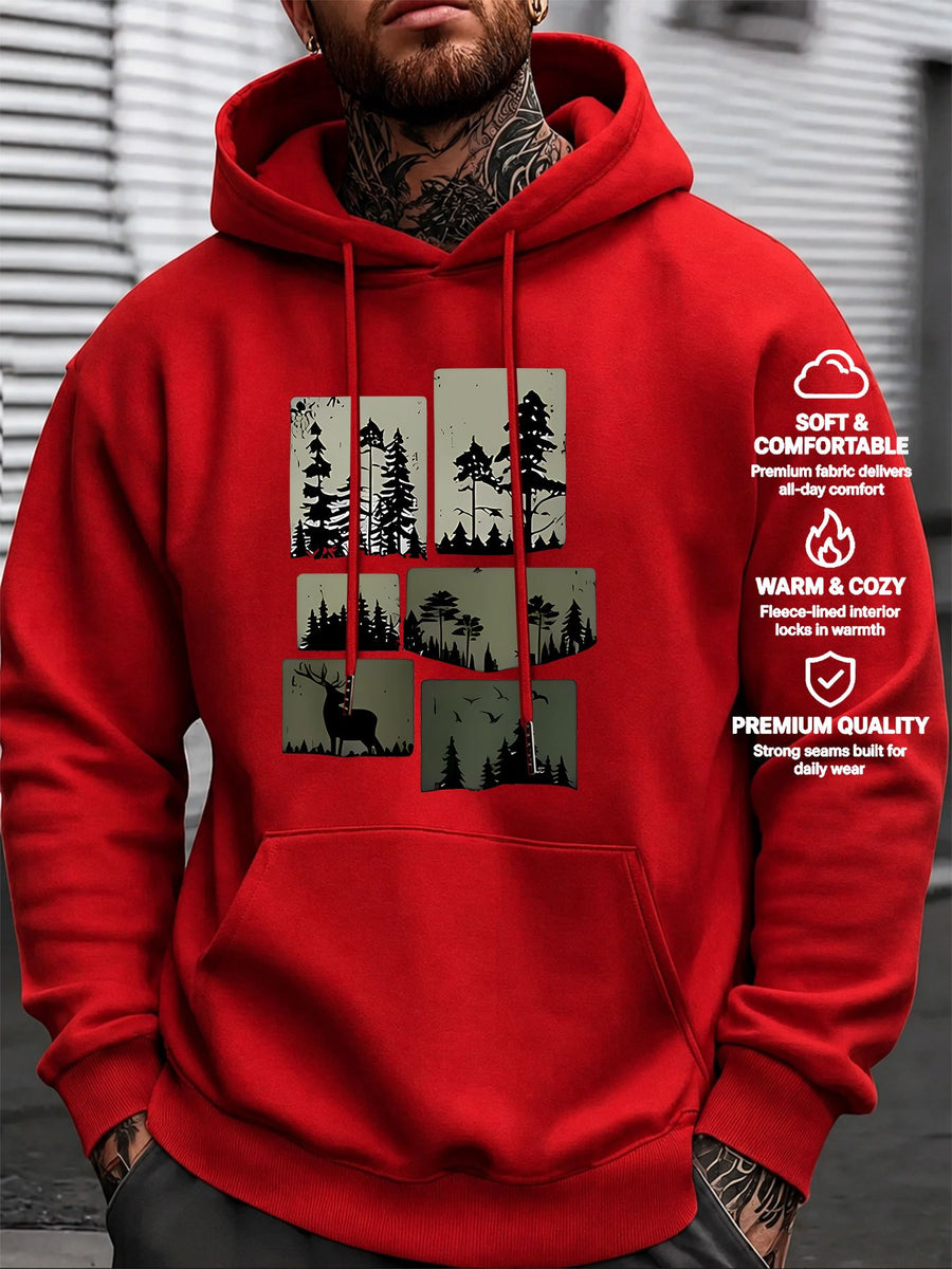 Men's Three-Panel Hooded Sweatshirt with Forest Scenery Patchwork Line Art Print, European and American Outdoor Style Casual Sweatshirt - Red