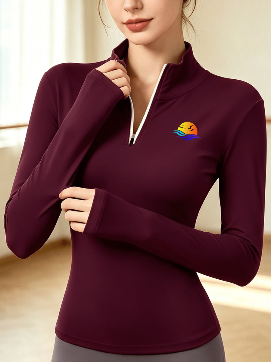 Solid Color Half-zip Half-turtleneck Long-sleeve Thermal Top, Slim-fit Flattering Long-sleeve Inner Layer T-shirt for Layering - Burgundy
