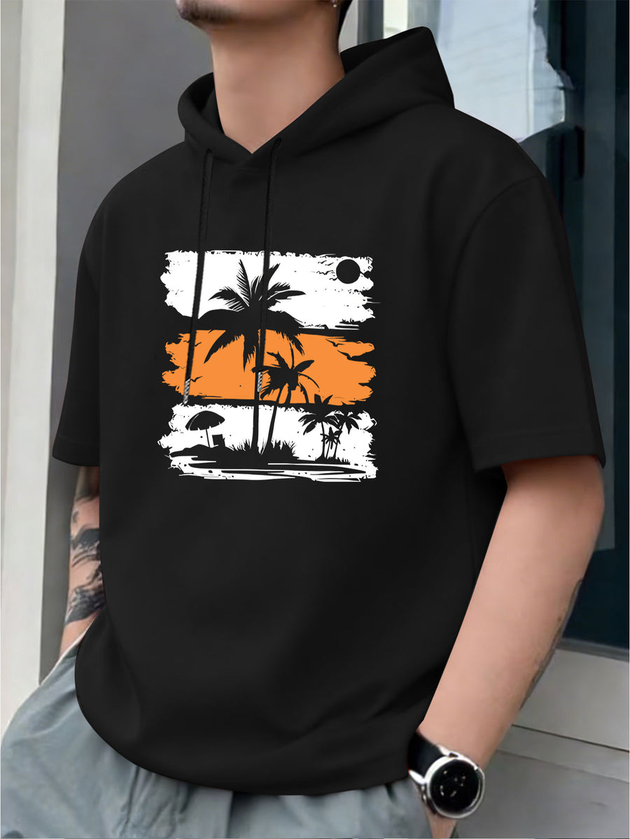 Men's Hooded T-Shirt, Coconut Tree Sunset Print Hoodie, Vacation Casual Style, Summer Outfit, Casual Short-Sleeve Hooded T-Shirt, Summer Outdoor Casual Short-Sleeve, Vintage Fashion Trend, Spring-Summer Vacation Outdoor Wear, Suitable for Parties - Black