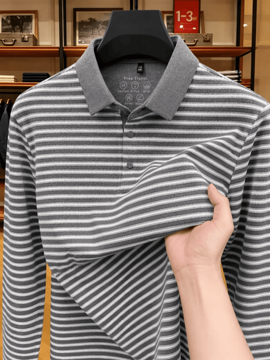 Men's Thin Striped Lapel Long Sleeve Polo Top, Wrinkle Free Loose Casual Long Sleeve T-Shirt, Business Basic Apparel for Middle-aged Dads, Spring Autumn Clothes for Golf, Fishing, Tennis Daily Wear - Light Grey