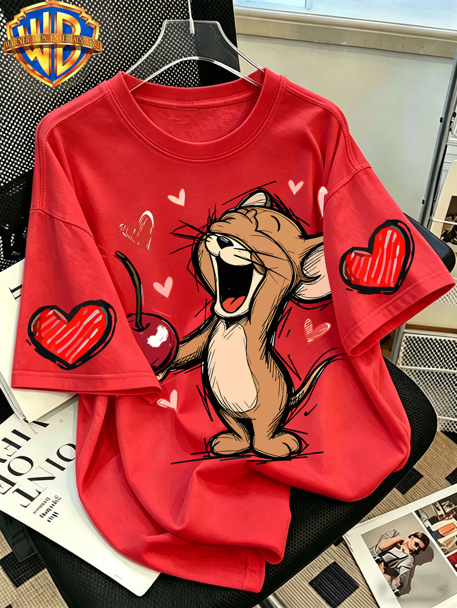 Official Warner Bros. T-shirt Featuring a Print of a Classic Character Laughing While Holding a Cherry; Men's 100%, Comfortable, Versatile, and Loose-fitting Short-sleeve Summer Tee-suitable for Outdoor Activities and Casual Attire. - Red