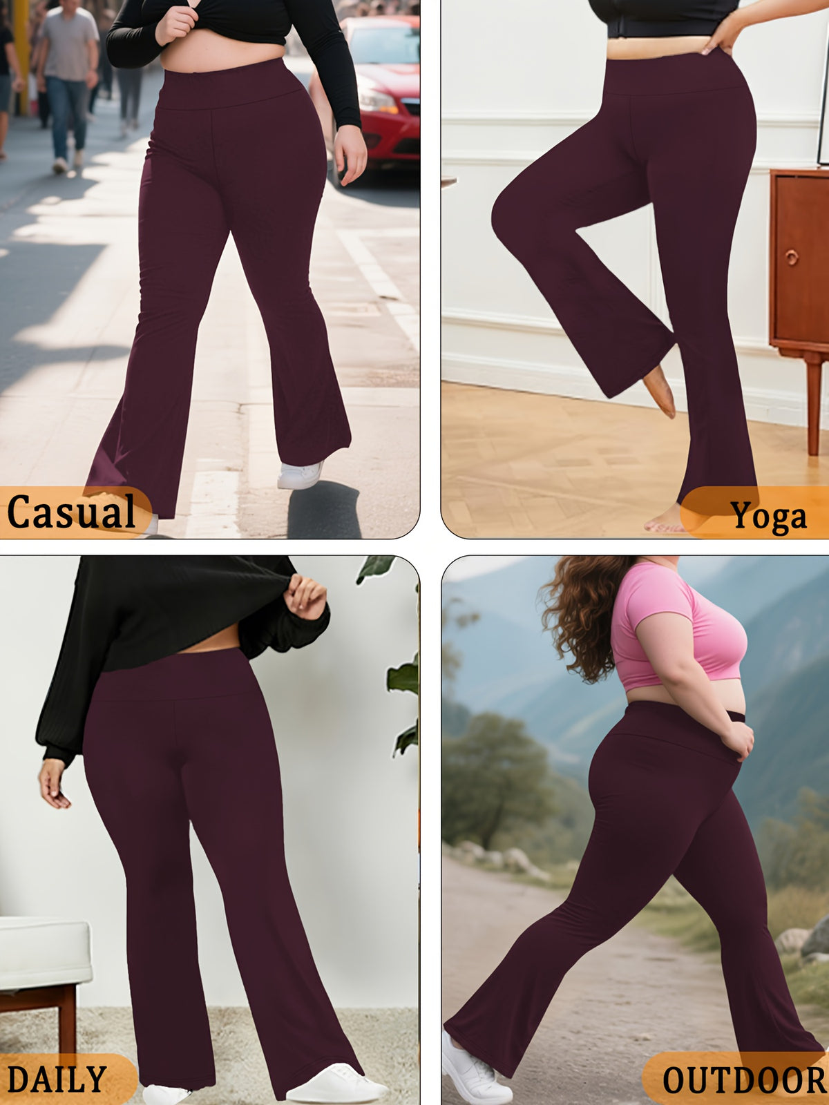 Plus Size Women's Super Soft High Waisted Flare Pants, Leggings Tummy Control Soft Bootleg Bell Bottoms - Burgundy