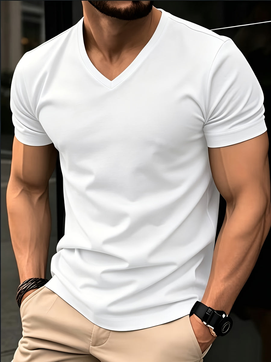 Men'S Basic V-Neck Short Sleeve High-Stretch Slight-Stretch Men'S T-Shirt 190G Regular Fit Commuter Base Layer Versatile Basic Style - White