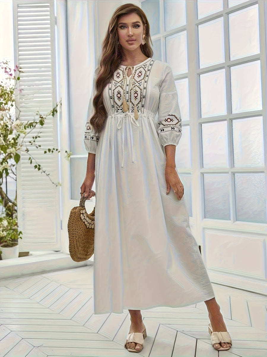 Women's Tie-Neck Floral Geometric Embroidery Drawstring Dress - White