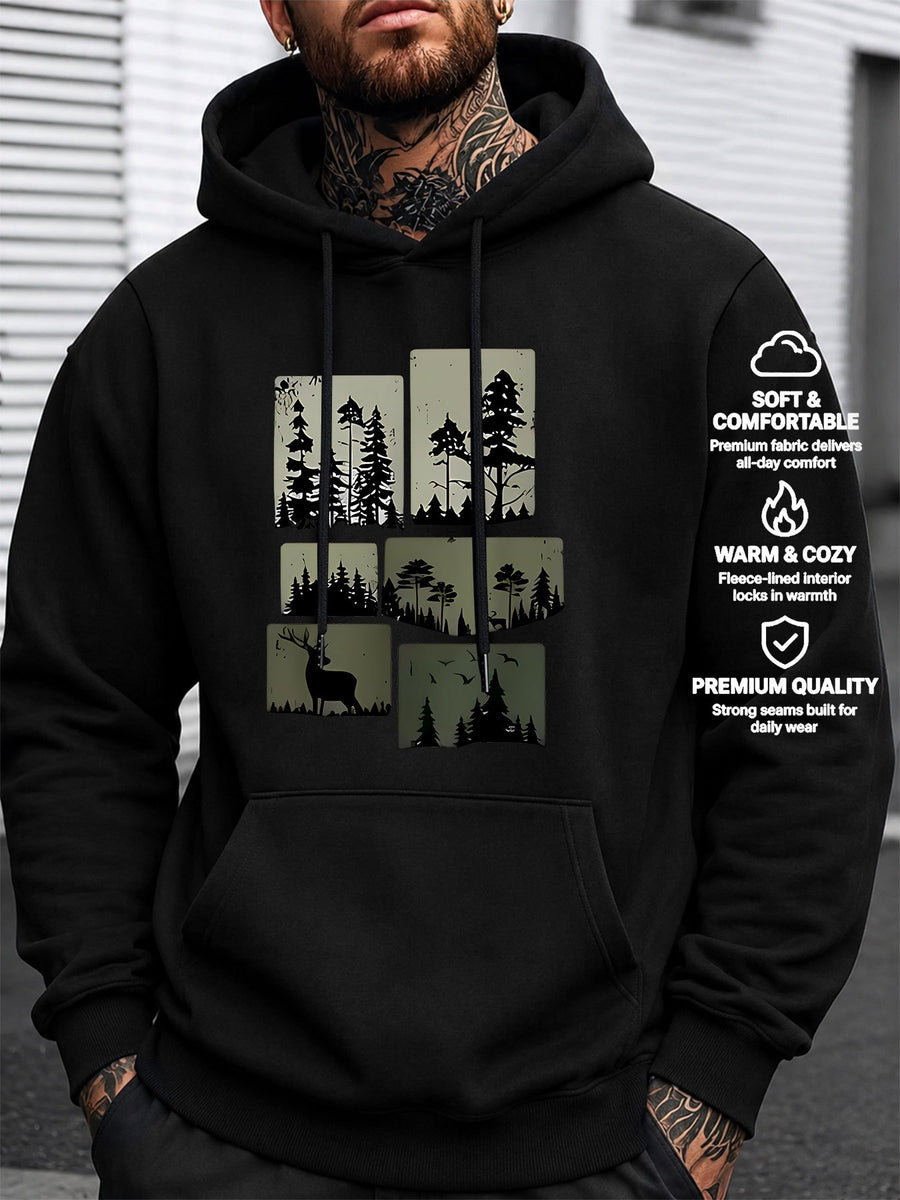 Men's Three-Panel Hooded Sweatshirt with Forest Scenery Patchwork Line Art Print, European and American Outdoor Style Casual Sweatshirt - Black