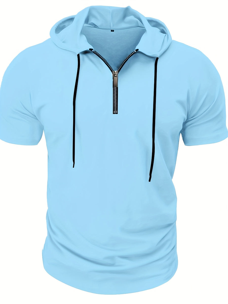 1 Men's Casual Henley Shirt, Men's Sportswear Fitness Hooded Short-Sleeve T-Shirt, Summer Hooded Sports Top T-Shirt - Light Blue
