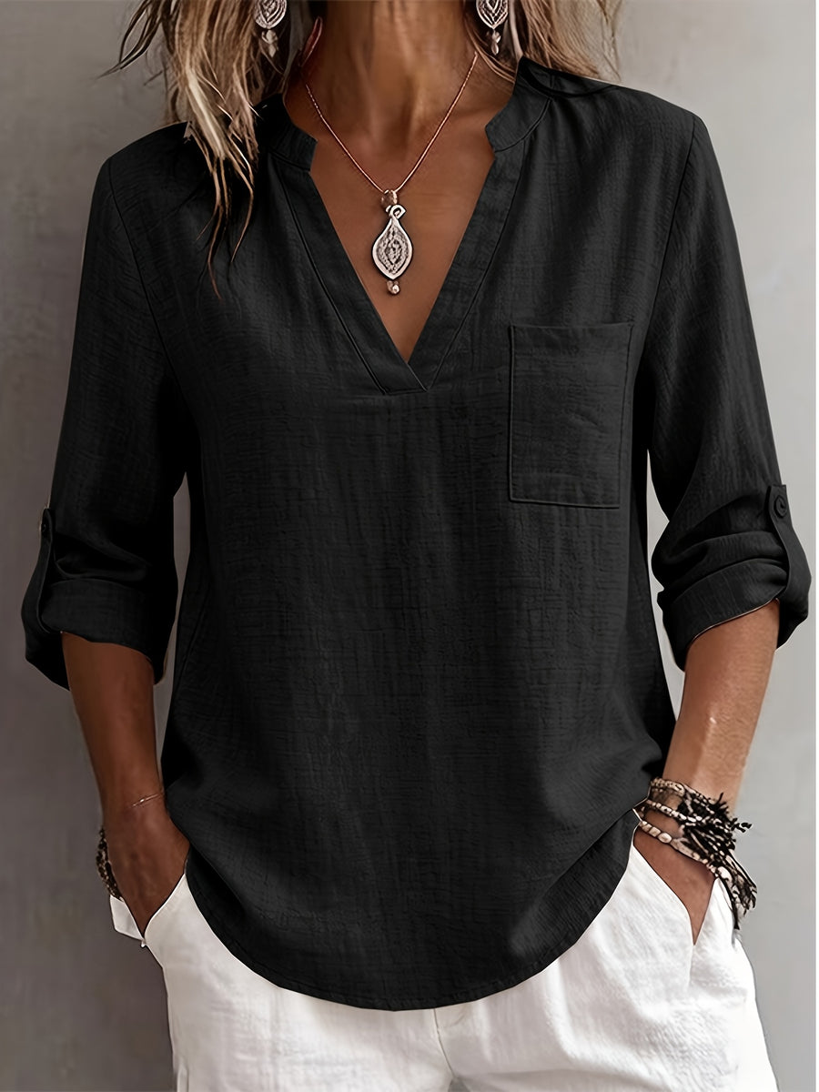 Women'S V-Neck Short Sleeve Shirt, Universal Casual Blouse Top - Black
