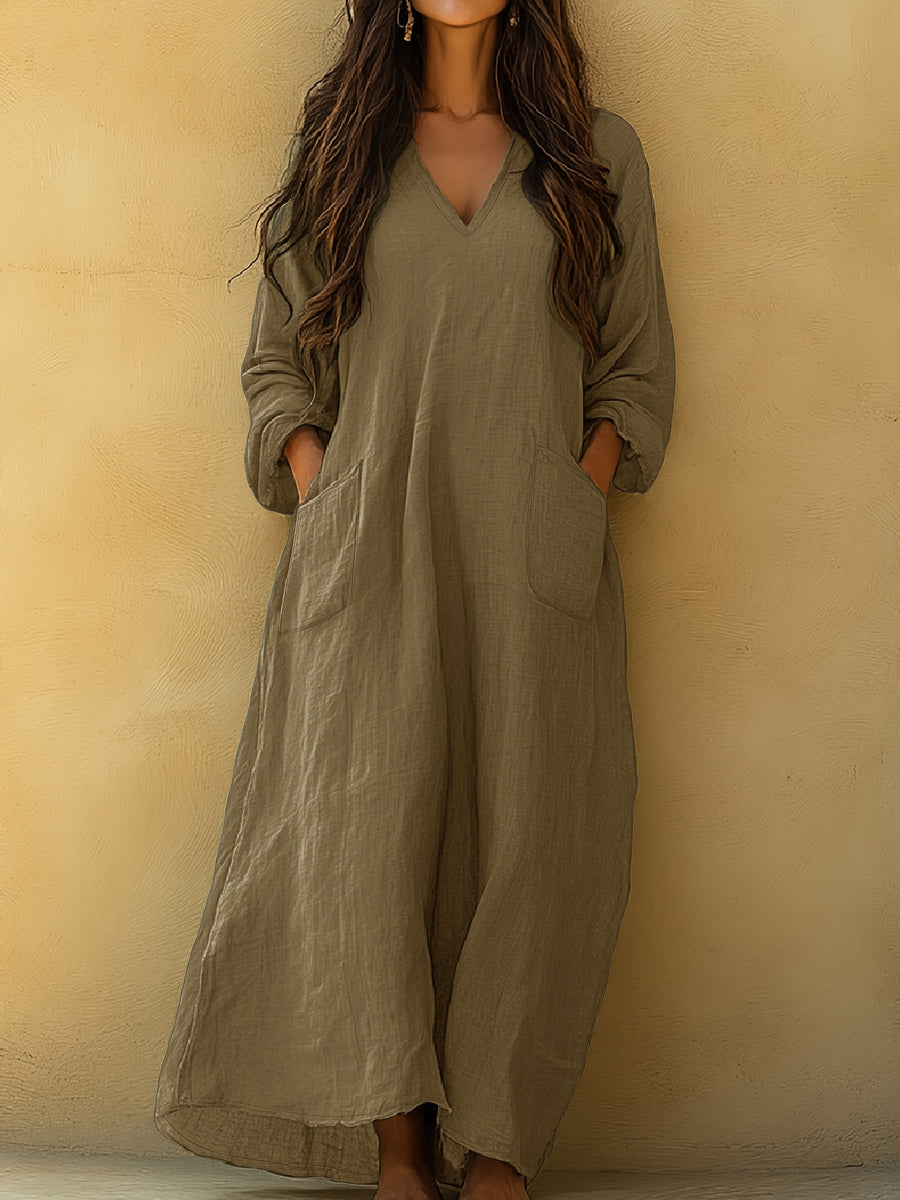 Women'S V-Neck Casual Long Sleeve Dress - Coffee Brown