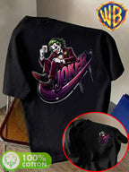 Warner Bros. Official Unisex Summer Loose-Fit Crew Neck Short-Sleeve T-Shirt, Suitable for Daily Commutes, Street Outings, City Trips, and Friend Gatherings. Features a Large Burgundy Suit-wearing Joker Sitting on Purple Graffiti Sneakers - Black
